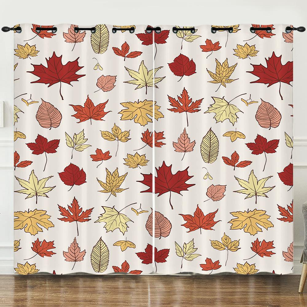 Curtains Autumn Maple Leaf Pattern European and American Blackout Curtain Bedroom No Perforated Curtain Living Room