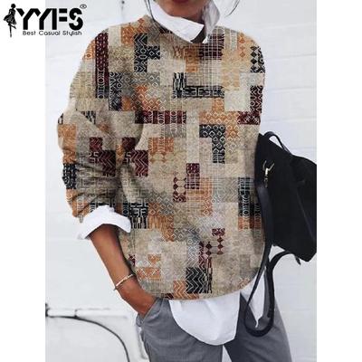 Women's Fashion Casual Geometric Print Spring Fall Long Sleeve O-Neck Pullovers & Long Sleeves