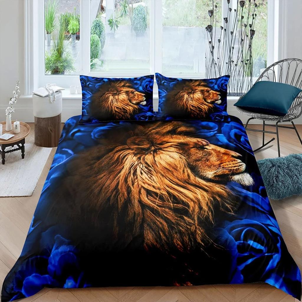 Black Lion Duvet Cover 3 Piece Bedding Set King Queen Full Size 1 Comforter 2 Pillowcase Animal Print