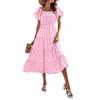 2023 Cross-border Eaby Amazon Popular Women's Clothing Sun Dress Square Neck Bubble Sleeve Dress Shrink Pleated Pendulum Skirt