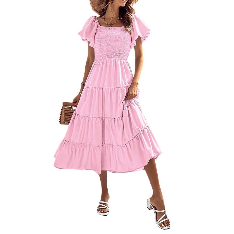 2023 Cross-border Eaby Amazon Popular Women's Clothing Sun Dress Square Neck Bubble Sleeve Dress Shrink Pleated Pendulum Skirt