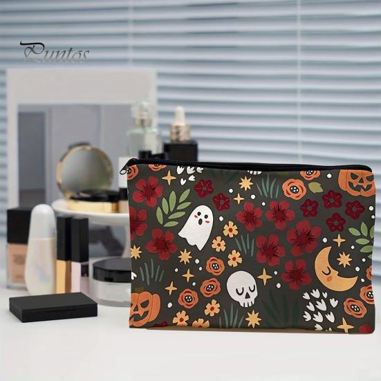 Ghost Design Storage Bag Bag, with Halloween Pattern Printed, Smooth Zipper Reusable Canvas Makeup Large Capacity Travel Cosmetic Pouch Tight Sealing