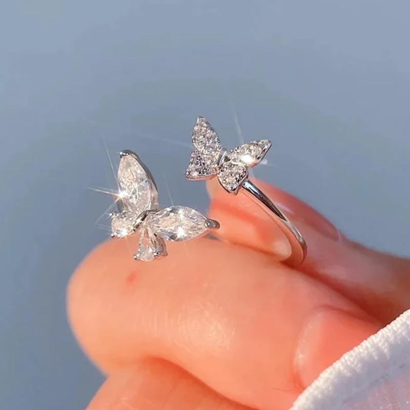 Caoshi Statement Women Butterfly Rings Copper Color Dazzling Crystal Cz Adjustable Opening Rings Fashion Versatile Gifts Jewelry