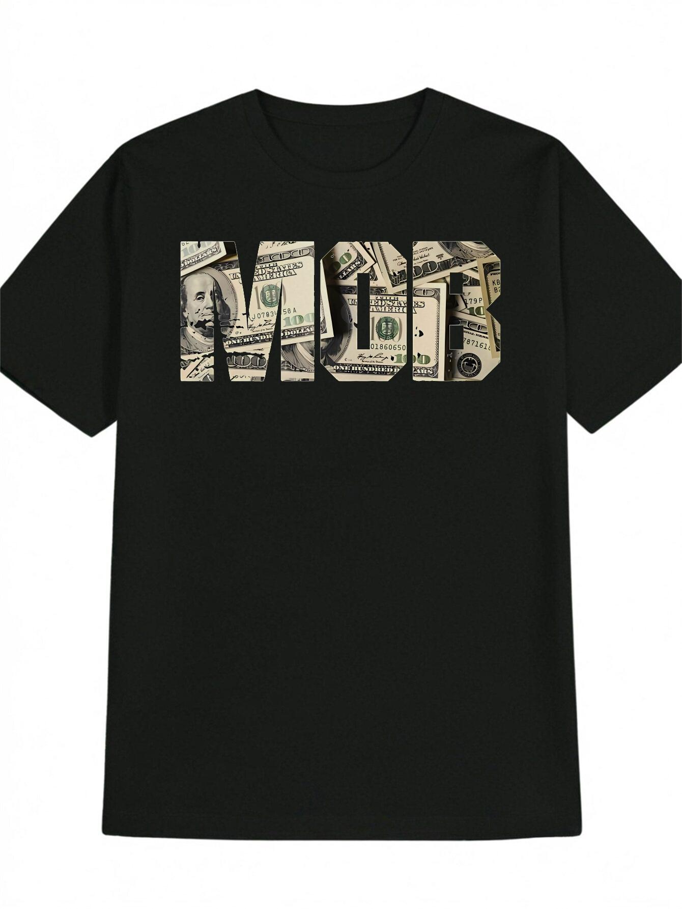 Summer Casual Crew Neck Polyester T-shirt with MONEY Design - Black M