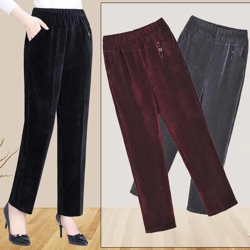 Women Autumn Winter Fleece Thicken Straight Pants Plus Size Corduroy Pants Middle-age Loose Warm Casual Trousers