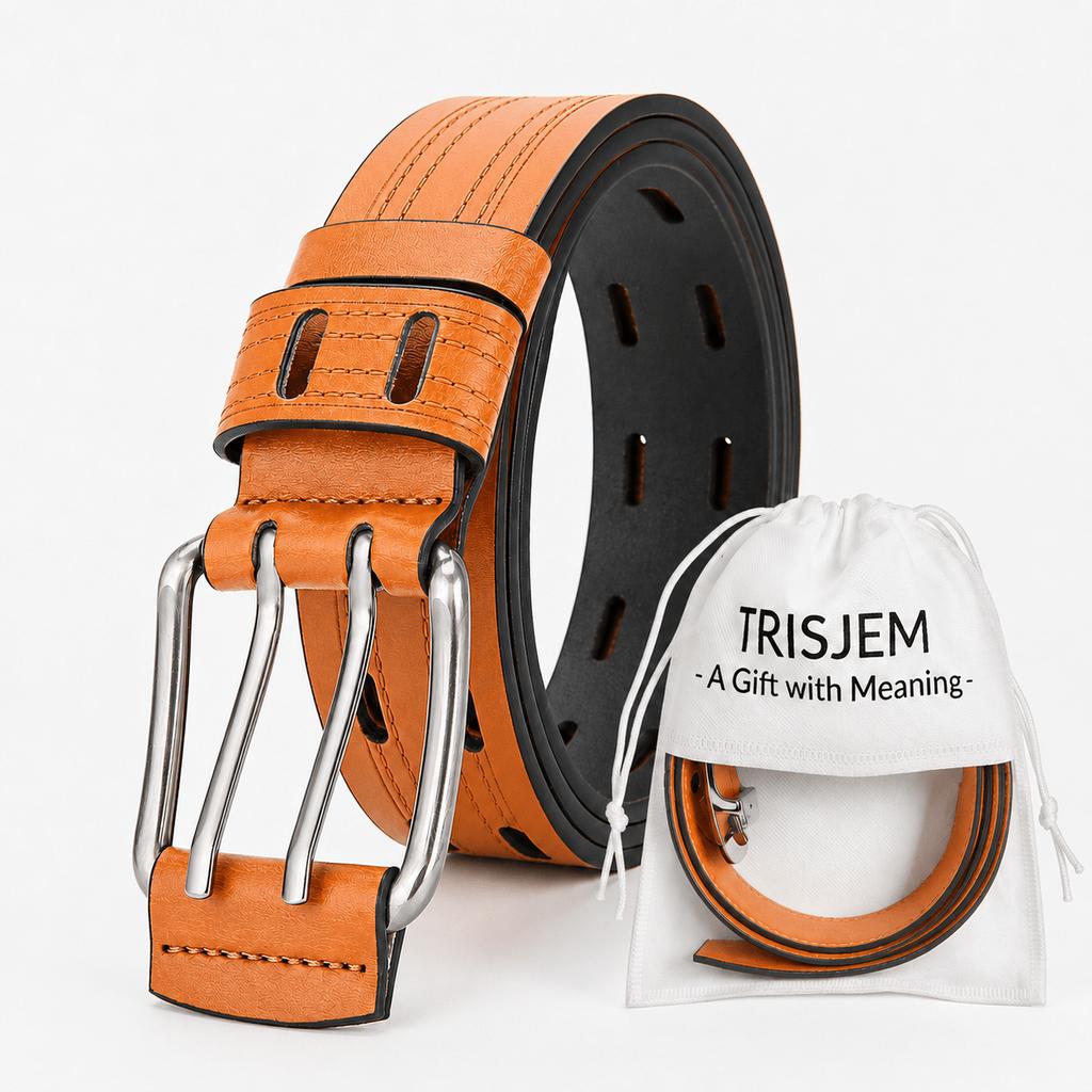Men Classic Double Needle Buckle Belt, Casual Waistband for Daily Jeans & Outfit Matching, Great Choice for Him On All Festivals