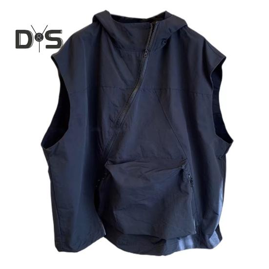 Женский летний жилет с капюшоном, диагональная молния, дышащая женская солнцезащитная одежда, женский сплошной цвет, повседневный свободный топ с карманом S чёрный