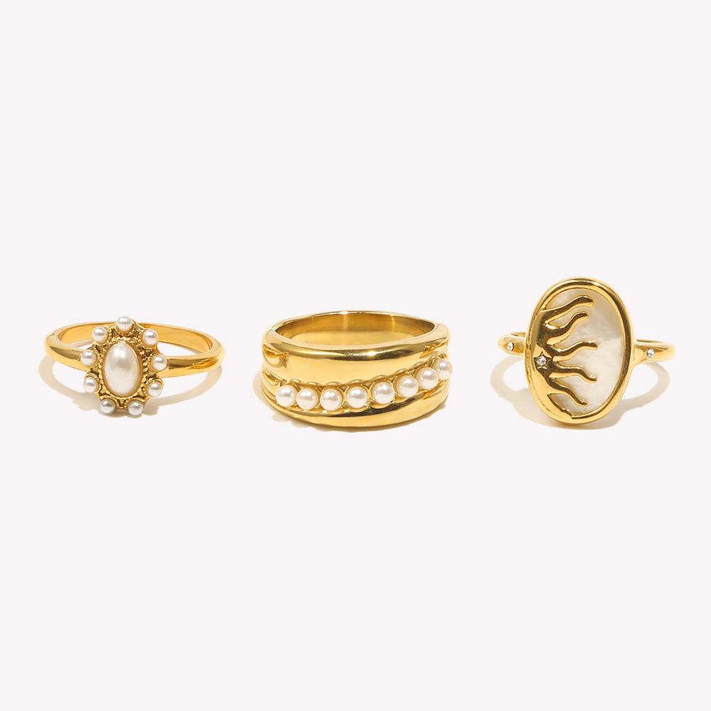 E.B.belle Elegant Imitation Pearl Series Rings 5 Style Stainless Steel Gold Plated Waterproof Hypoallergenic For Women