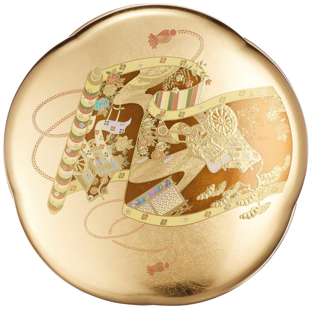 Mitani Yamanaka Lackware Große Yamanaka Folie Süßigkeiten Millennium Bild Schale, Gold, 18,5cm, Lackware, Handwerk, Pflaumenförmige Schale, Schriftrolle, M17267-6
