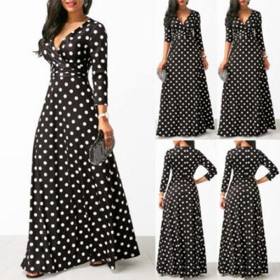 Elegantes Damenmode Polka Dot Langes Maxi Sommerkleid 3/4 Ärmel Strandurlaub Party Abendkleid