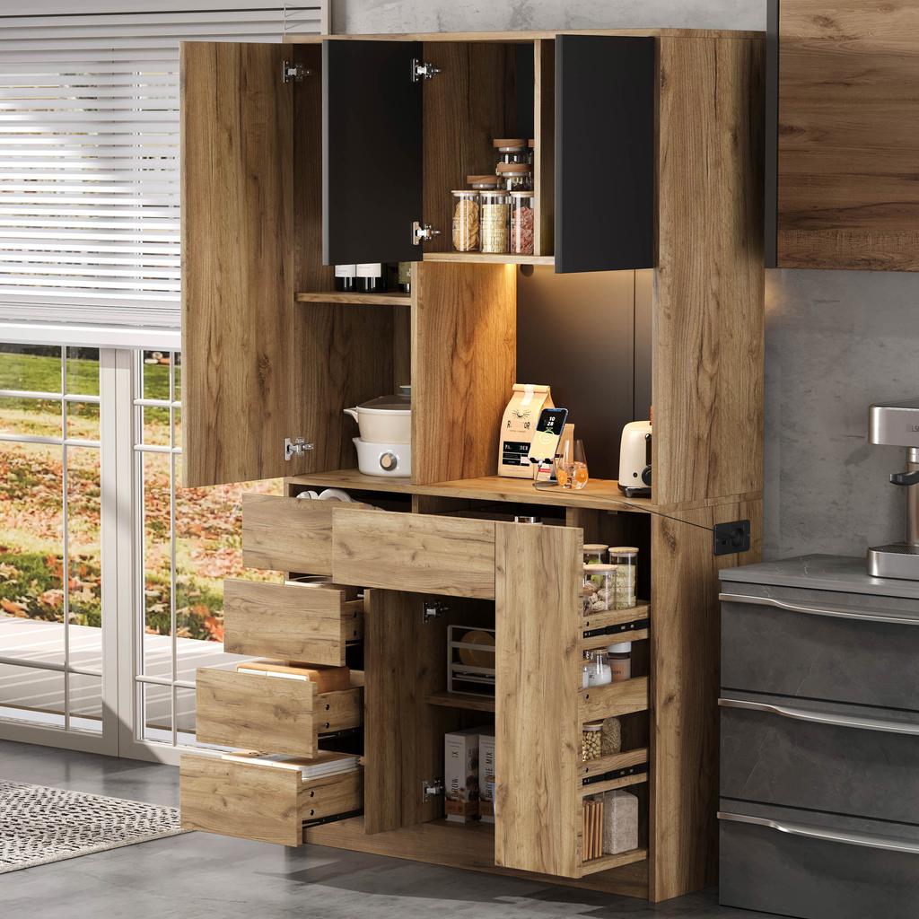 Mobile da Cucina con Scaffale Verticale Estraibile a 4 Piani per Spezie, Ripiani Regolabili, Illuminazione a LED con Telecomando e Presa, 185 × 105 × 40 cm.