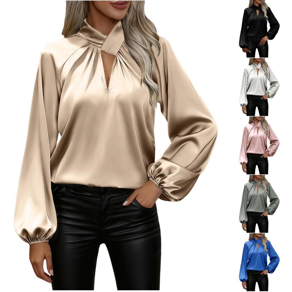 2025 New Satin Silk V-neck Long Sleeve Women's Loose Top