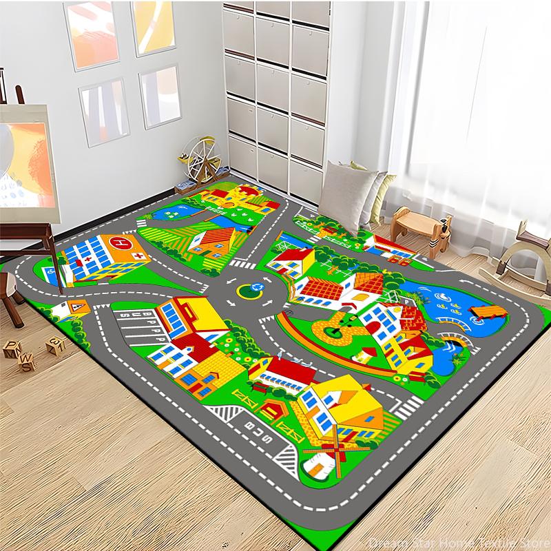 Kids Road Traffic Carpet Cartoon Car Toys Area Rug for Boys Girls City Life Educational Rugs Baby Room Bedroom Nursery Play Mat