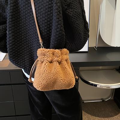 Fashionable Mini Plush Crossbody Bag with Drawstring - Soft Fuzzy Bucket Bag for Women,  Detachable Strap, Polyester Lined