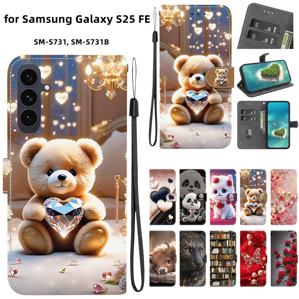 Ručne vyrobené puzdro z PU kože pre Samsung Galaxy S25 FE (SM-S731/S731B)- Protišmykový nárazuvzdorný kryt s remienkom na zápästie a vzorom srdiečka/ruže s mačkou