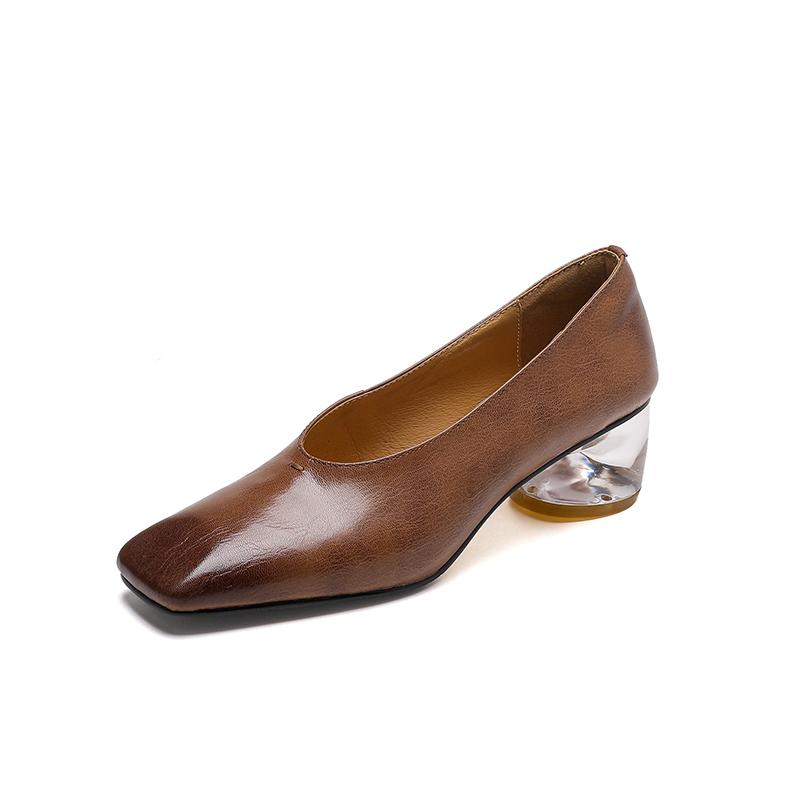 Fashion 2025 Women Genuine Leather Pumps Transparent Heel High Heels Spring Summer Elegant Office Pumps Square Toe Classic Casual Shoes