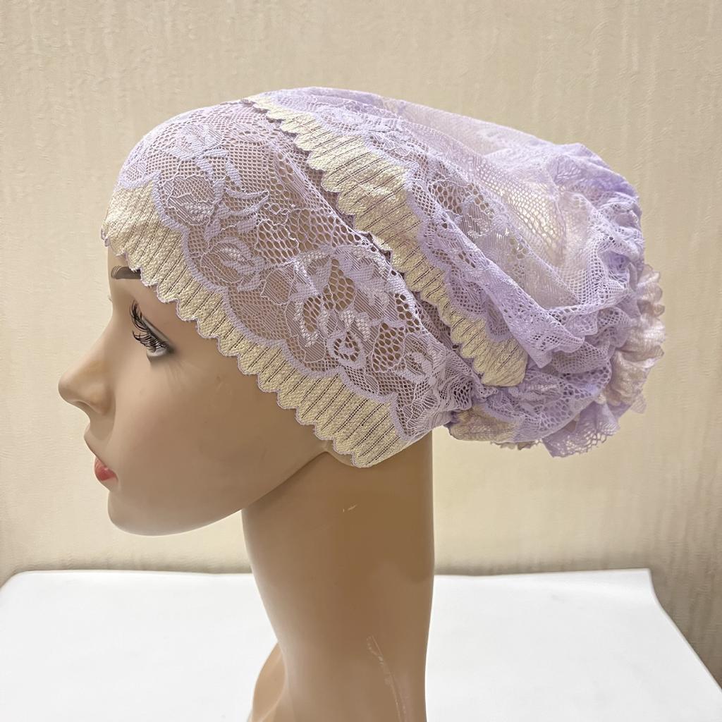 Lace Hijab Flower Headband Full Cover Bottom Hat Chemo Cap Muslim Fashion