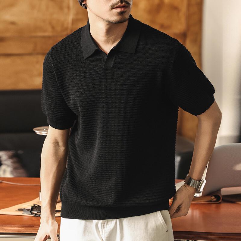 Camisa Polo de Punto de Seda Helada Retro Americana para Hombre Jie Lei Nuo