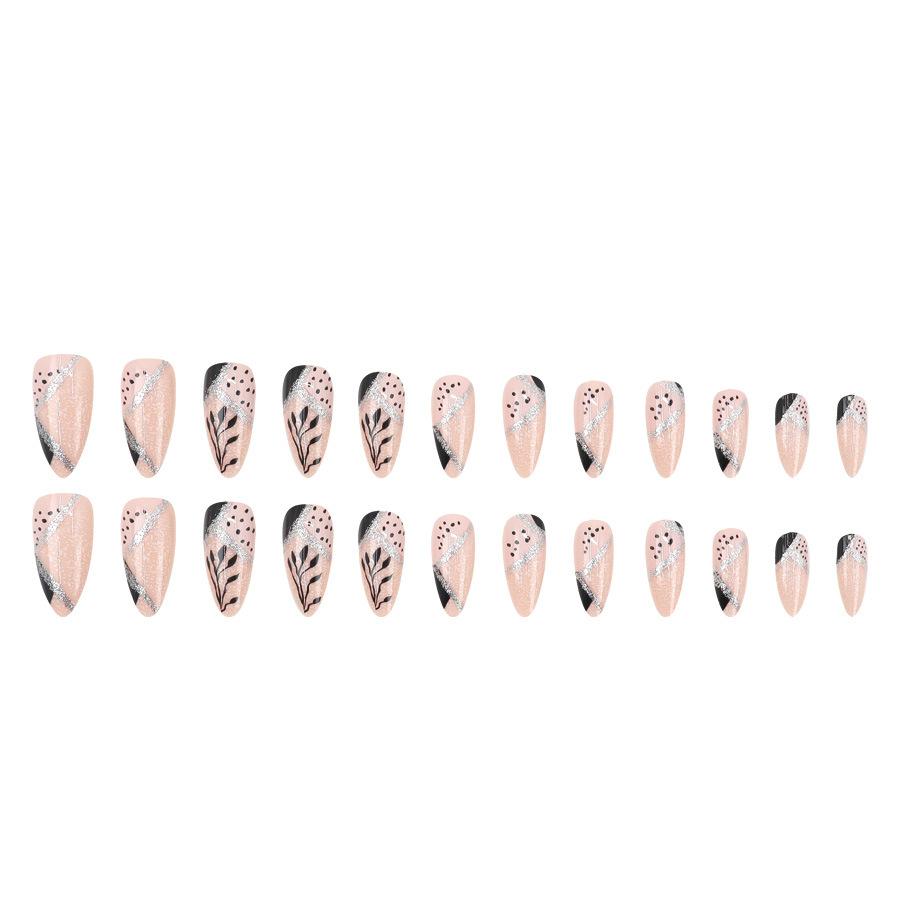 24 Pieces  fashion flash lines, black powder, double-color manicure pieces, simple black leaves, wearing armor