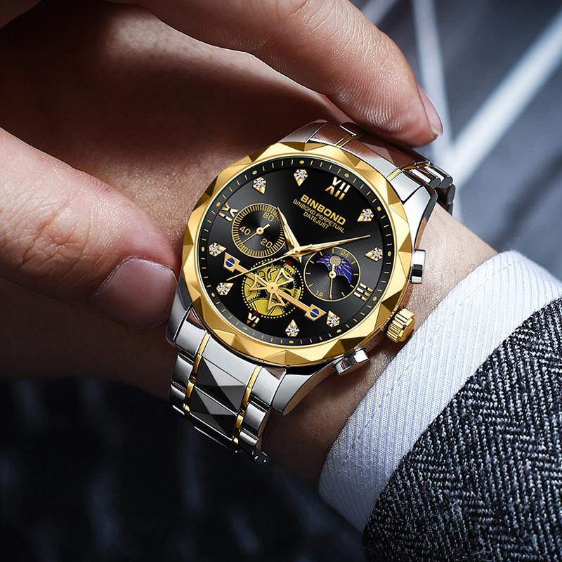 Binbond Latest Luxury Top Brand Men'S Watch Waterproof Luminous Timer Automatic Date Stainless Steel Man Quartz Movement Watch +Box