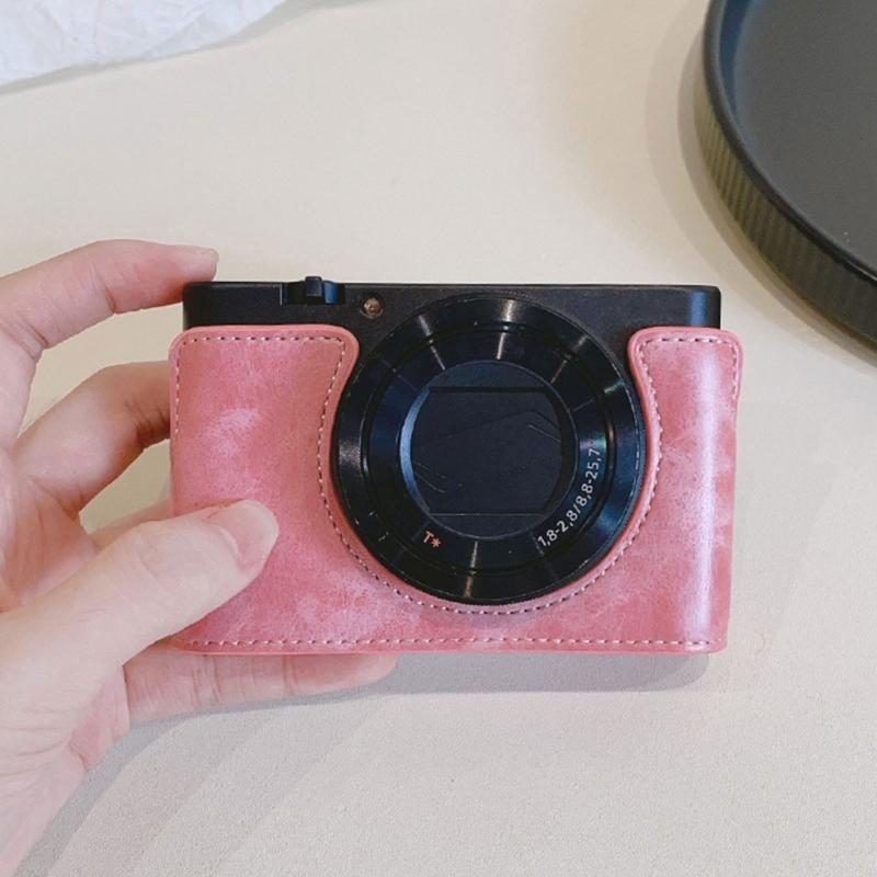 Flexible PU Leather Half Camera Case Bag Soft Lining Cover For Camera Featuring Easy Battery Access