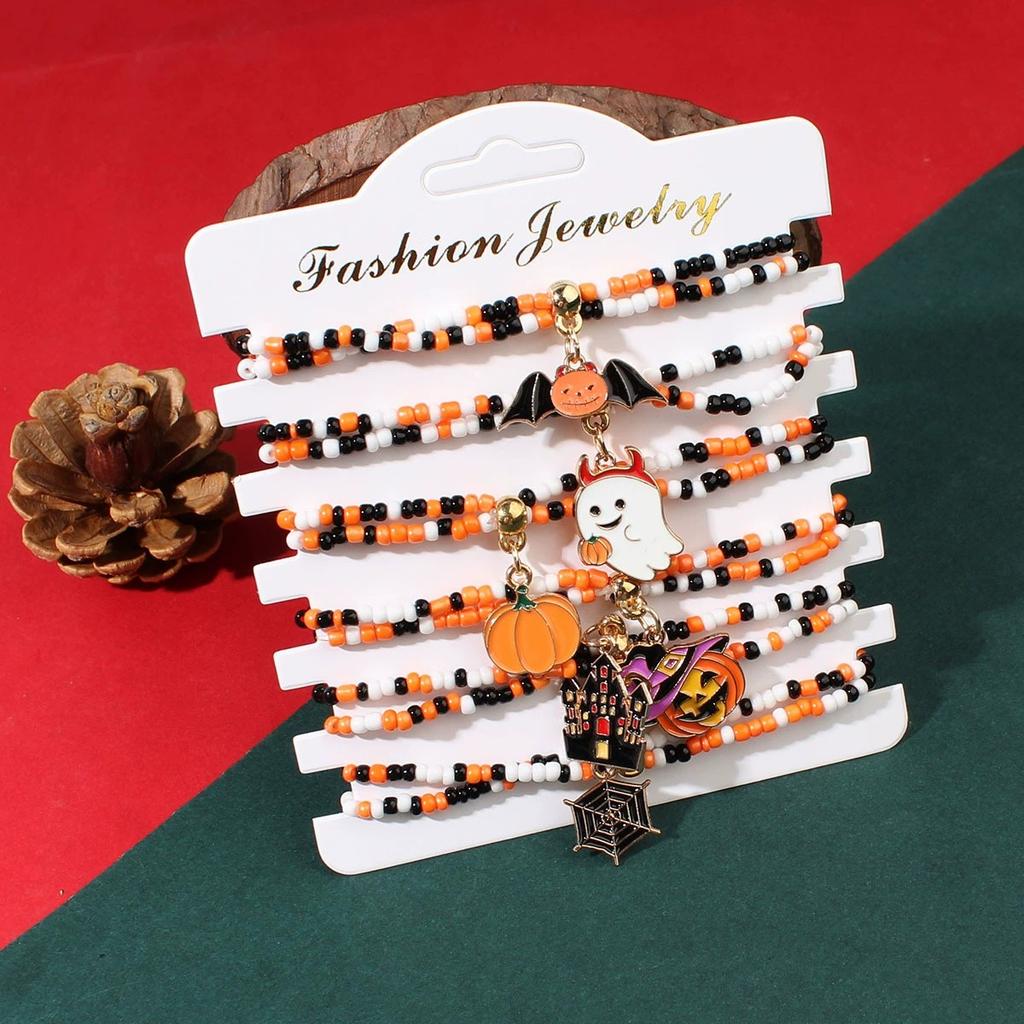 Halloween Rice Bead Bracelet Pumpkin Bat Ghost Dark Design Bracelet 1/6 Set Holiday Party Women's Jewelry Accessories
