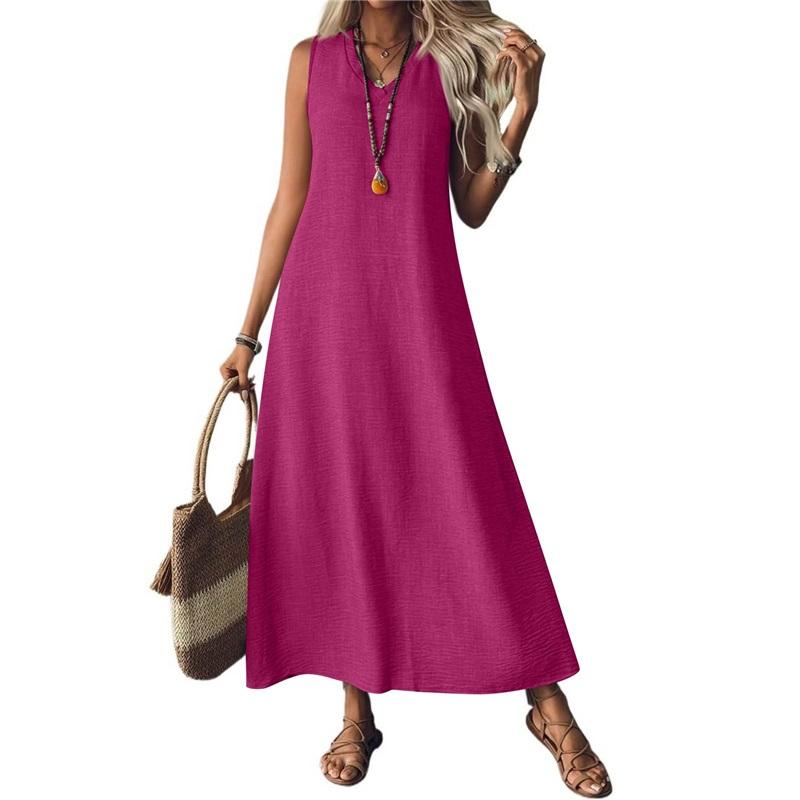 Abito Lungo da Donna Senza Maniche in Lino Scollo a V Ampio Casual Lungo