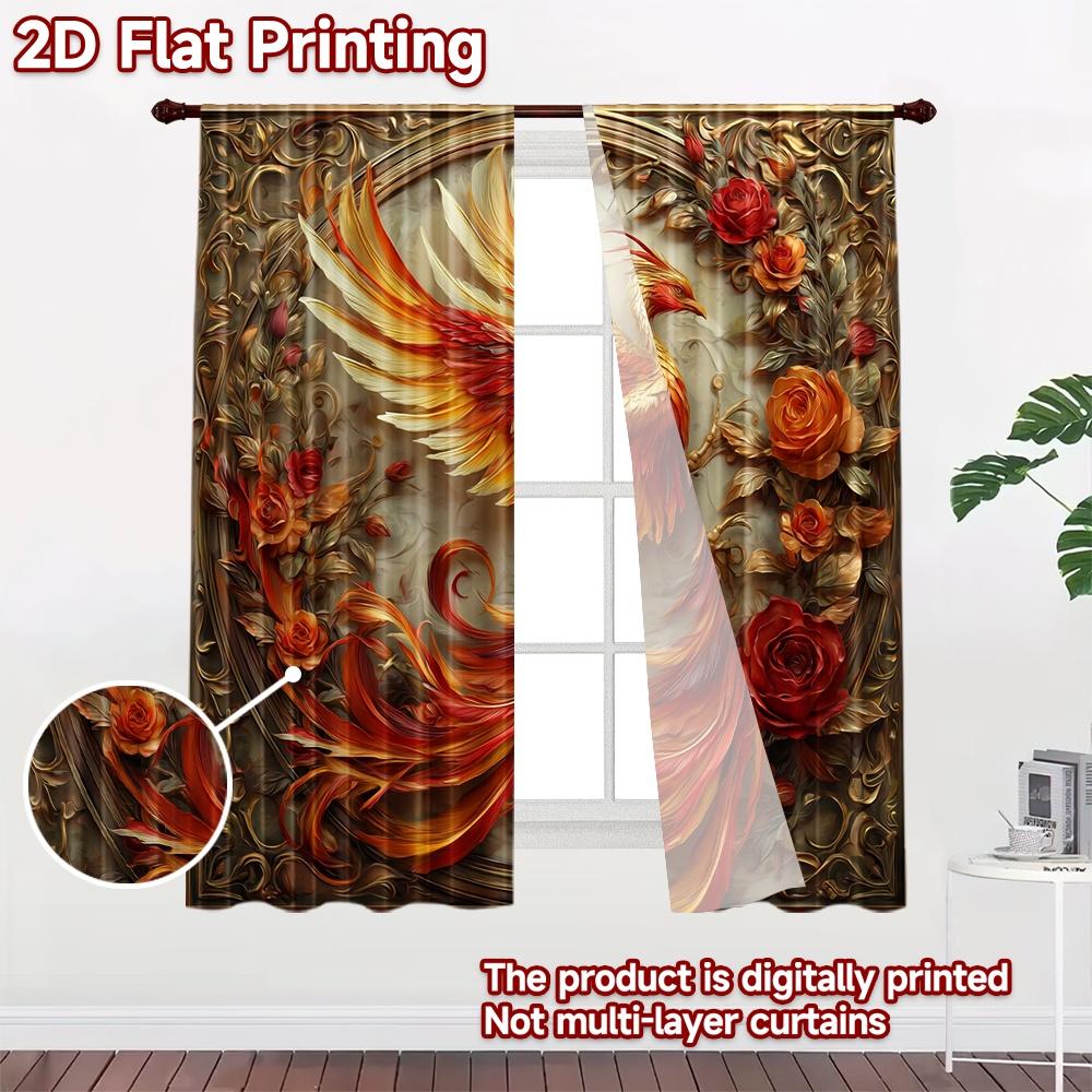 2D Flat Printing 2pcs Curtain Curtains Phoenix with Fiery Roses Digital Printed Polyester Drapes Family Party Decoration for
