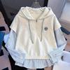 Striped Fake Two Piece Women's Hoodie Half Zip Splicing Long Sleeved Hooded Drawstring Famale Pullovers Autumn New Fashionable Loose Ladies Top