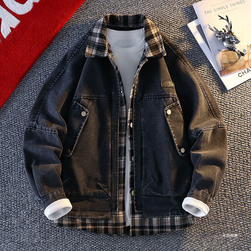 Pánská trendy kostkovaná patchworková džínová bunda 2025 - Falešný dvoudílný vlněný kabát na jaro a podzim