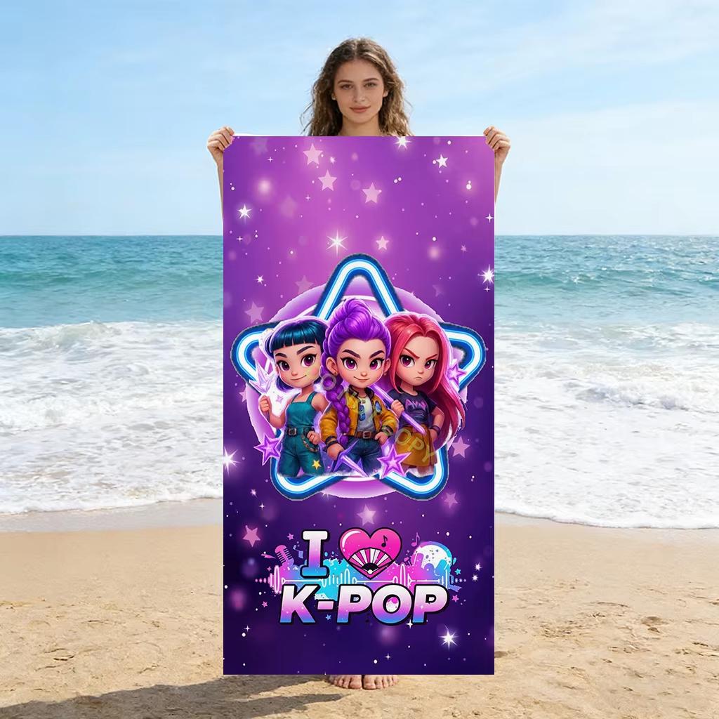 

I Love K-Pop Beach Towel Purple Cartoon Idol Girls Flat Print Soft Bath Towel for Summer Travel Swimming Pool Sand Free 40X60CM