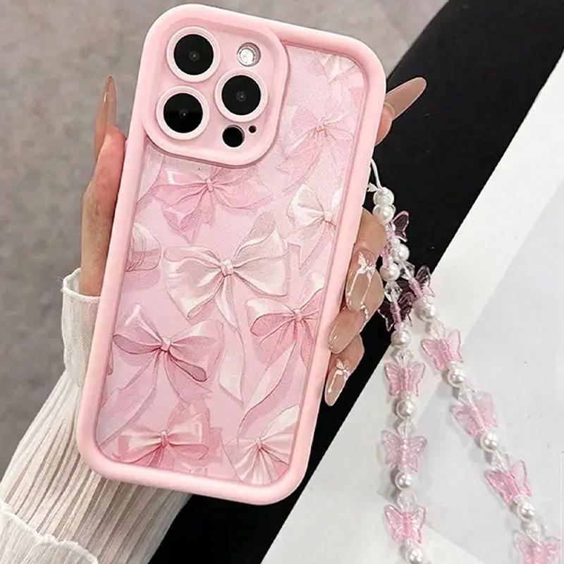 Luxury Pink Bowknot Pattern Phone Case For iPhone 17 Air 16 15 14 13 12 11 Pro Max 16E 7 8 Plus With Lanyard Lanyard Rope Cover
