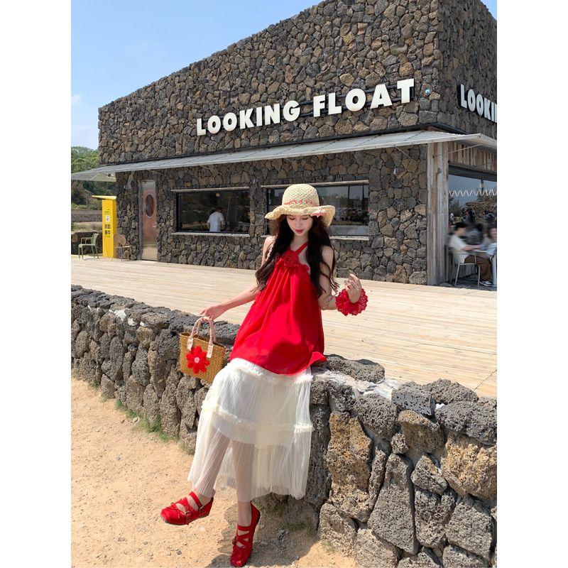 Kumikumi Idle Style Set Red Halter Top Women Summer High Waist Slimming Versatile Skirt Two-piece Set