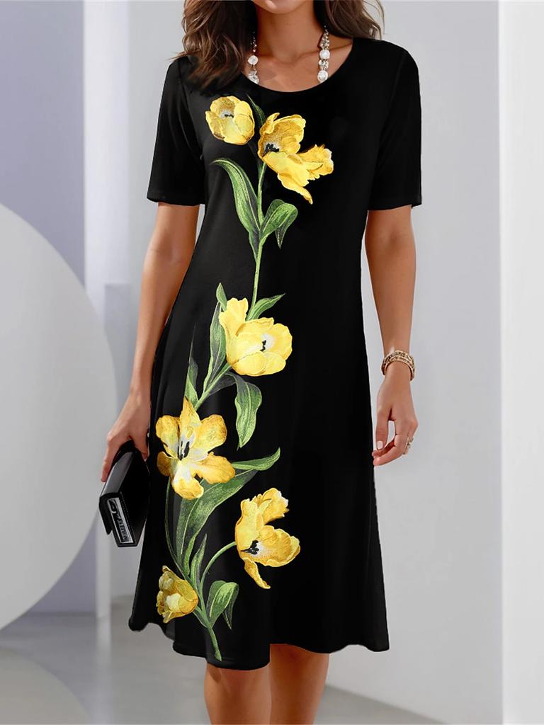 Damen Casual Lange Kleider Sommer Vintage Stil Weiblicher O-Ausschnitt Blumen Bedruckt Bequem Knielang mit Taschen Übergröße S-5XL