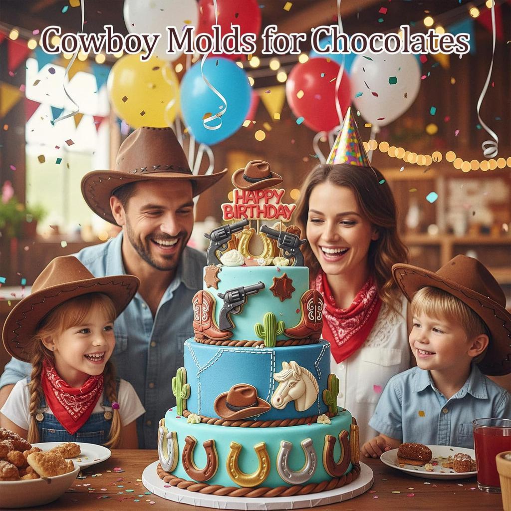 Cowboy Silicone Candy Molds Shimmeroo 3D Western Themed Chocolate Molds Silicone with Cowboy Horse Boots Hat Saddle Shapes for DIY Baking Cupcake