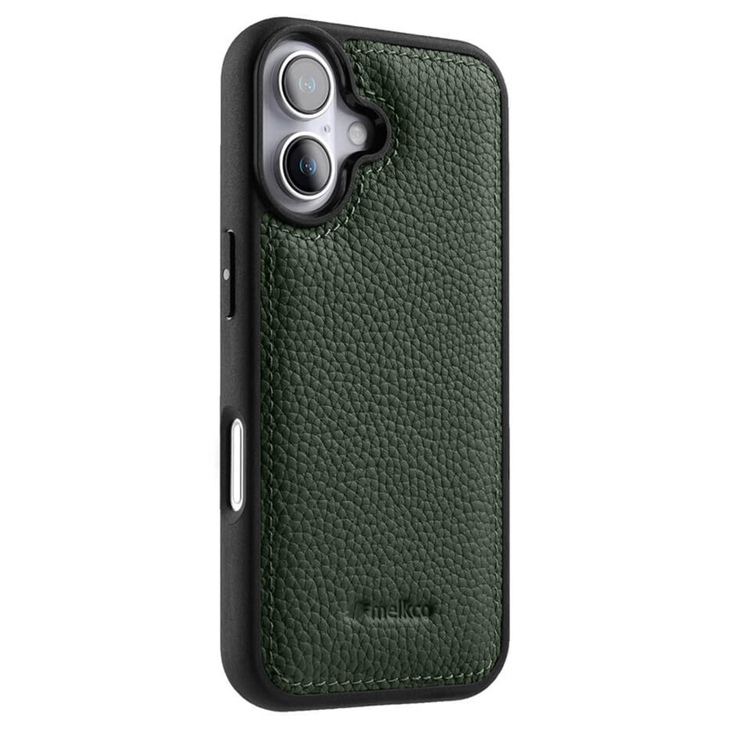 

MELKCO For iPhone 16 Plus Case Genuine Cow Leather Coated PC Phone Cover Green
