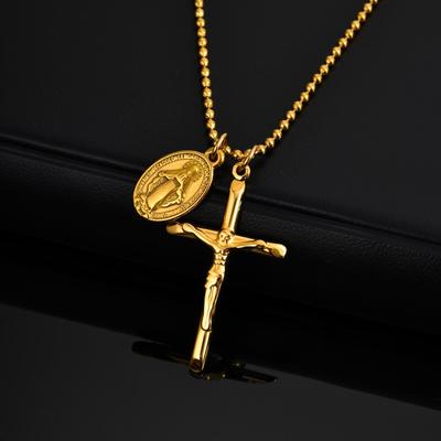 Collier Croix Catholique pour Hommes Garçons, Plaqué Or Acier Inoxydable Collier de Prière Vierge Marie, Cadeau Foi Religieuse Zircon