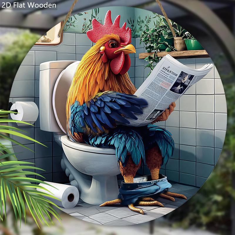 Funny Toilet Wooden Sign with Roosters Reading Newspapers Pattern, Unique Round Sign for Bathroom Door Hanging Decor