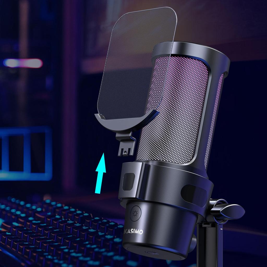 KASIMO USB Condenser Gaming PC Microphone with RGB Volume Control and Mute Headphone Plug Supports Live and Working from Compatible with and PS5