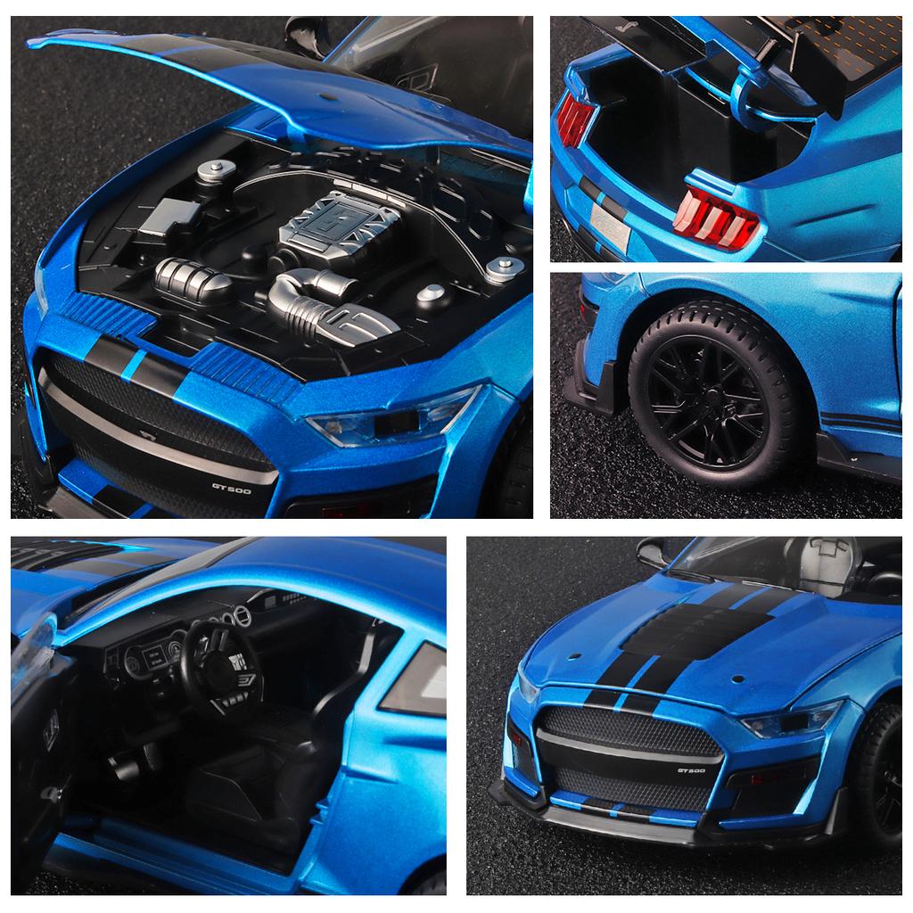 Large 1/18 Ford Mustang GT500 Miniatures Alloy Diecast Metal Vehicle Model Collectibles Sound Light Toys Car Gifts for Kids Boys