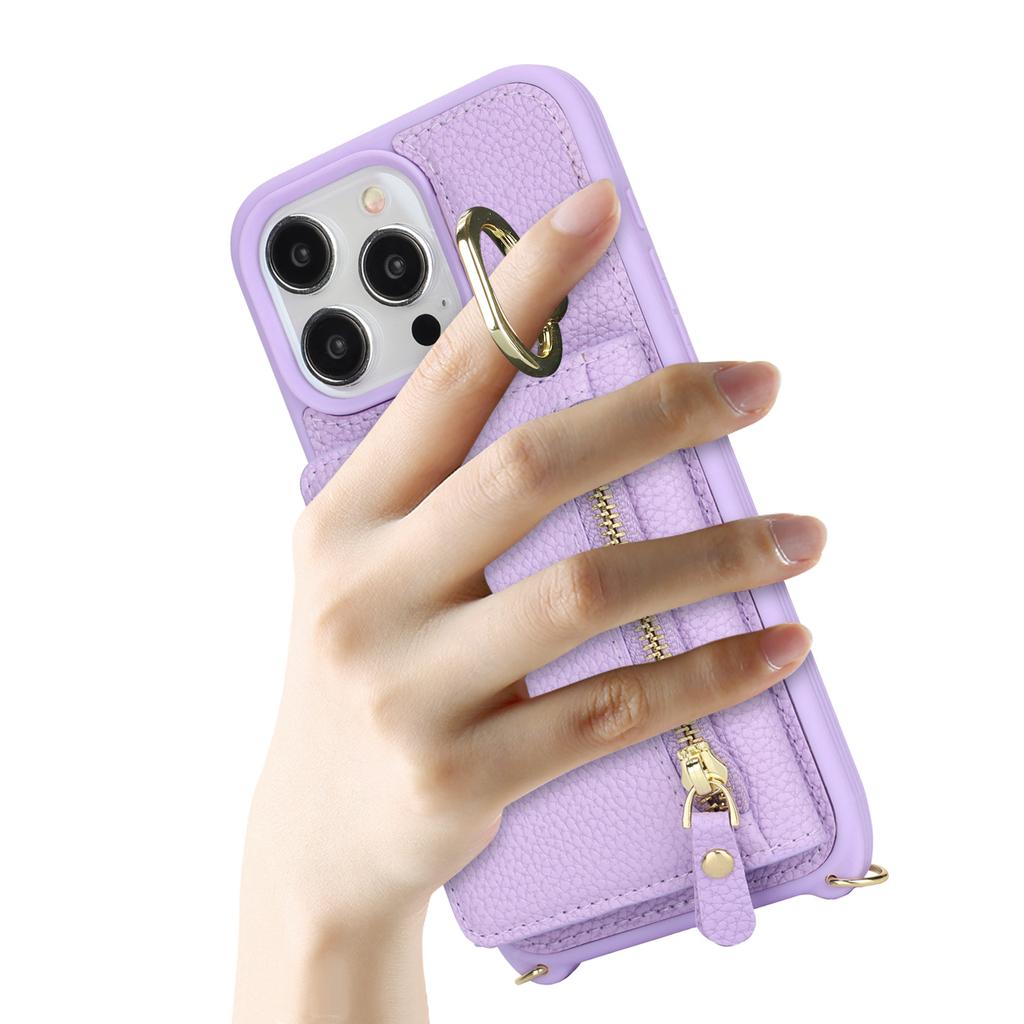 For iPhone 14 Pro Max Case Card Holder Wallet Leather+TPU Crossbody Phone Cover with Ring Kickstand