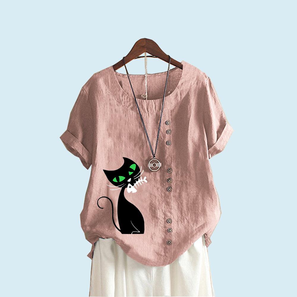 Tricou cu mânecă scurtă la modă pentru femei, vară și toamnă, ocazional, cu gât rotund, cu imprimeu de pisici, pulover, bluze de in, bumbac, liber