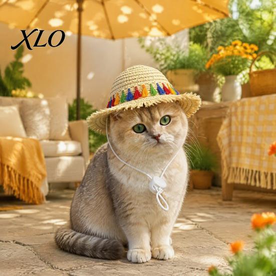 Pet Beach Hat Cat Straw Hat, Sun with Lace And Bow, Summer Lightweight Headwear Cute Protection for Cats Small Dogs Outdoor Walks Adjustable