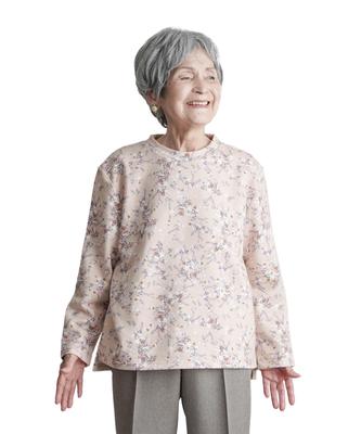 YOSOIKI Floral Print Crew Neck Senior 80s Dryer-Safe Fleece-Lined Top, Beige, M-L, Women's, Gift, Fashion, Women's 60s, 70s,