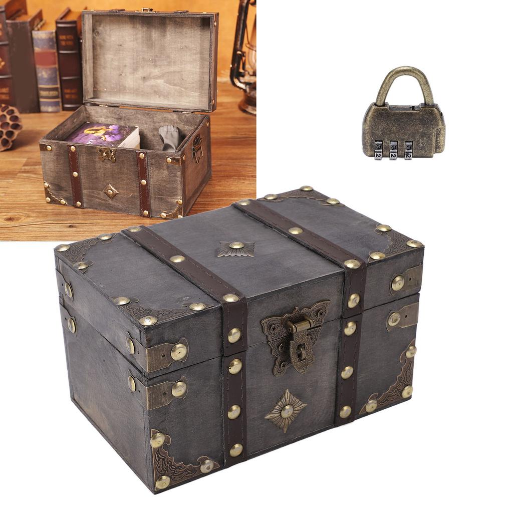 D2 Wooden Organizer Box Treasure Chest Vintage Style Coded Lock Alloy Tipping Wood Wide Application Vintage Jewelry Storage Box