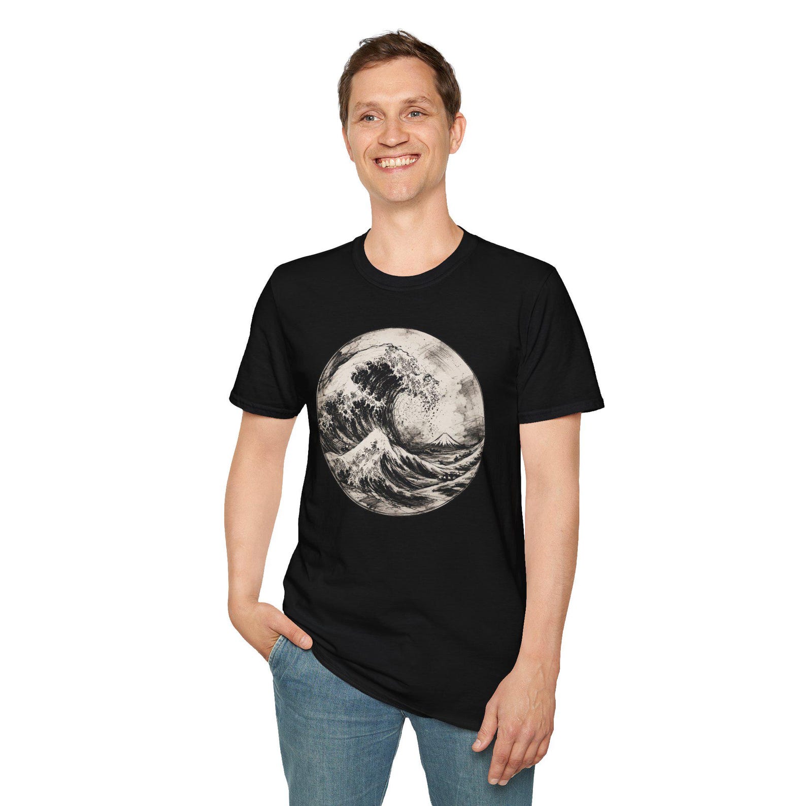 Ink Storm Lite Tee | The Great Wave Series VI | Black and White Wave Shirt | Japanese Ink Art Front Print Tee M