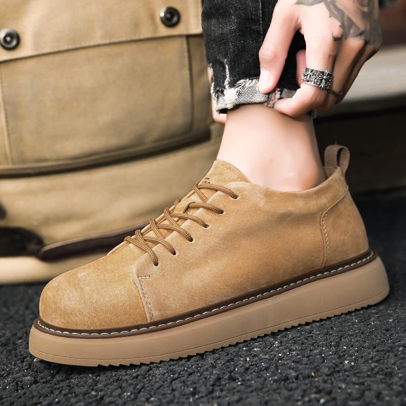 Fashion Men Basic Boots Casual Genuine Leather Boots Comfy Flat Soled Round Toe Classic Lace-Up Oxford Shoes Breathable Outdoor Shoes