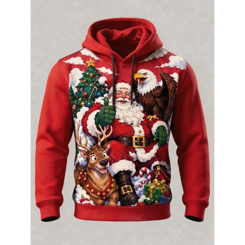 Unisex Print Christmas Hoodie Santa With Kid Gift Sack Pullover Long Sleeve Kangaroo Pocket Xmas Holiday Sweatshirt