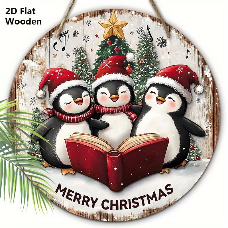 

Деревянная табличка в деревенском стиле с очаровательным узором пингвина - Круглая табличка Merry Christmas для входной двери, настенный декор - Идеальное рождественское украшение 20cm/7.87in бежевый