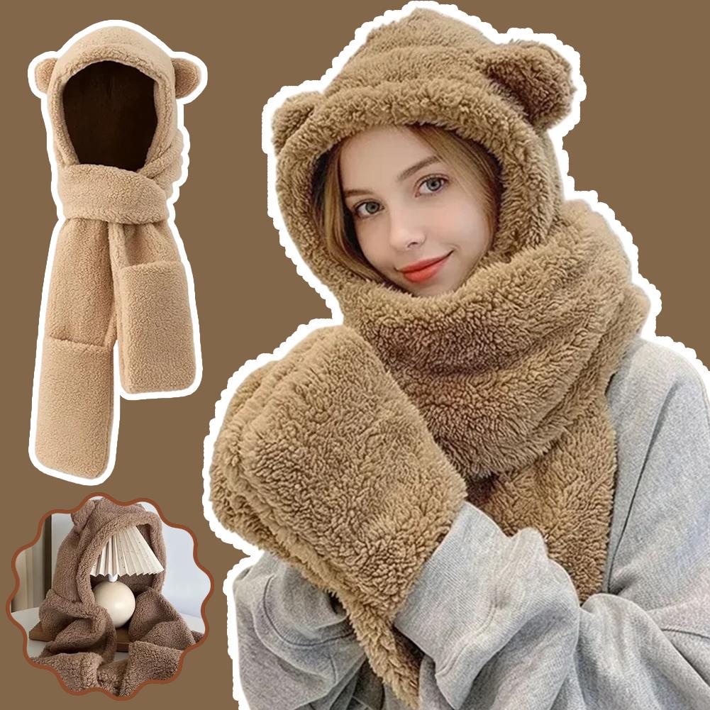 Winter Hat Scarf Gloves Set Bear Ear Protection Warm Windproof Plush Hooded Scarf Mitten Three Piece Set Cute Cartoon Accessory